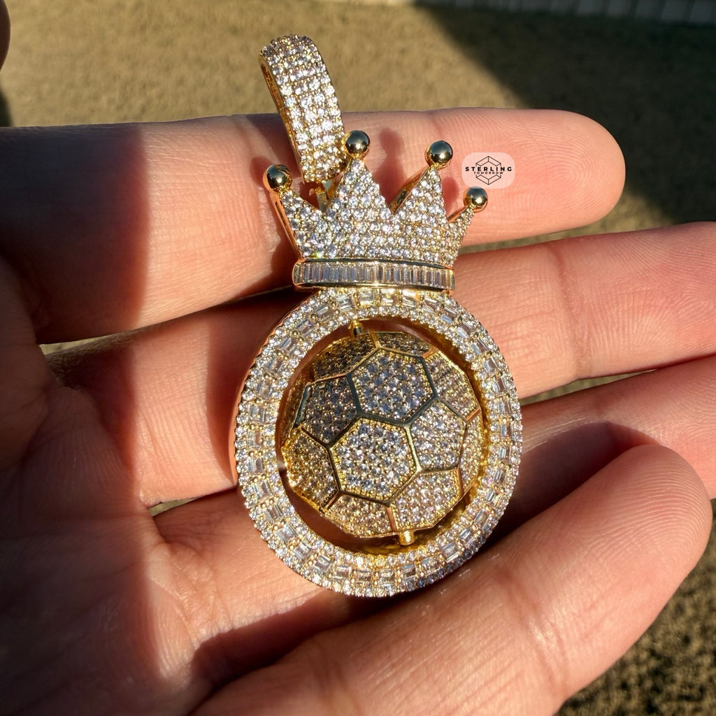 Spinning Soccer King Pendant Iced 14k Gold Plated