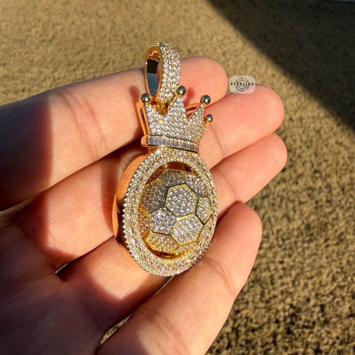 Spinning Soccer King Pendant Iced 14k Gold Plated