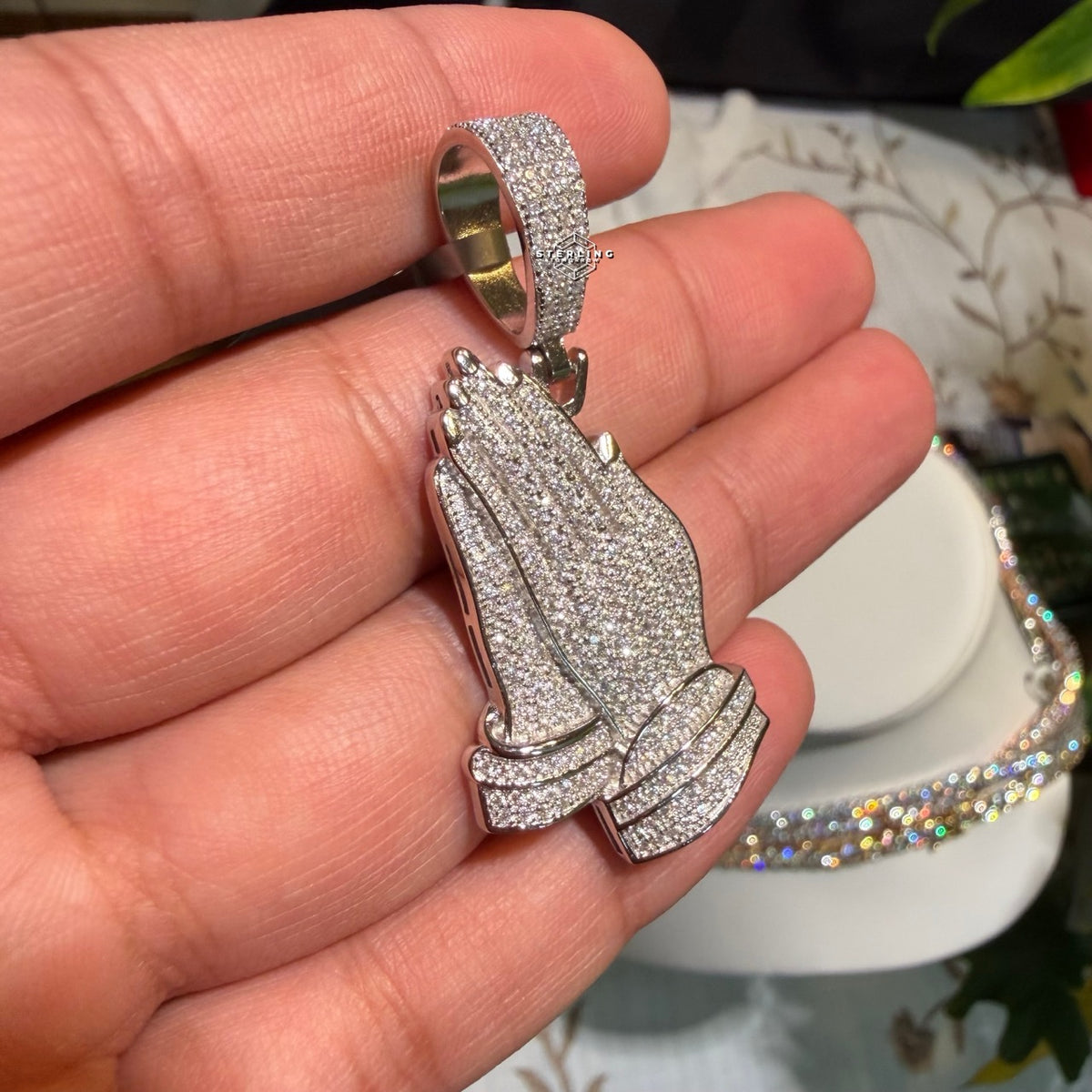 Prayer Hands Iced Out Moissanite Pendant