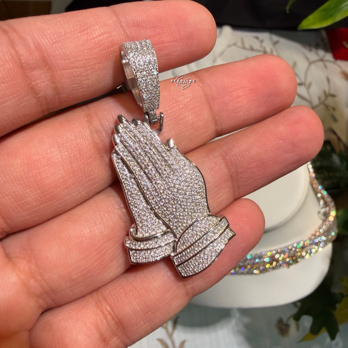 Prayer Hands Iced Out Moissanite Pendant