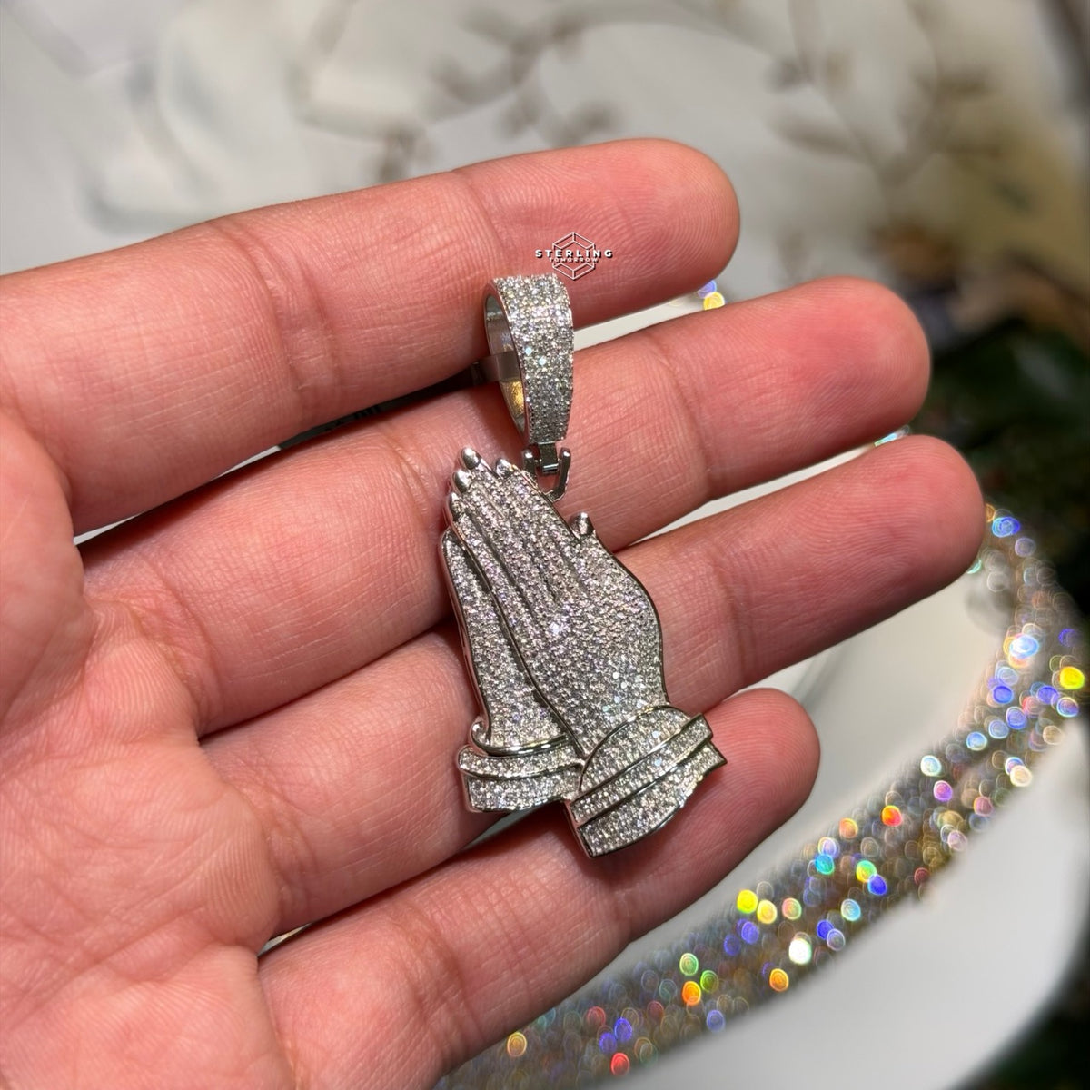 Prayer Hands Iced Out Moissanite Pendant