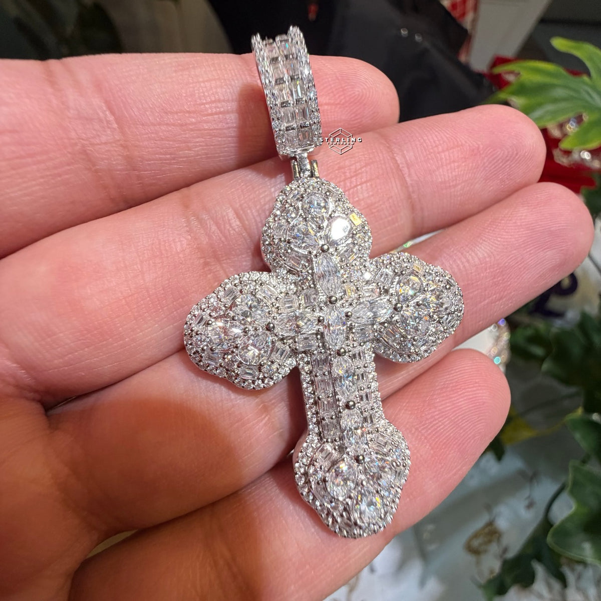 Moissanite Multi Stone Cross Pendant + Rope Chain