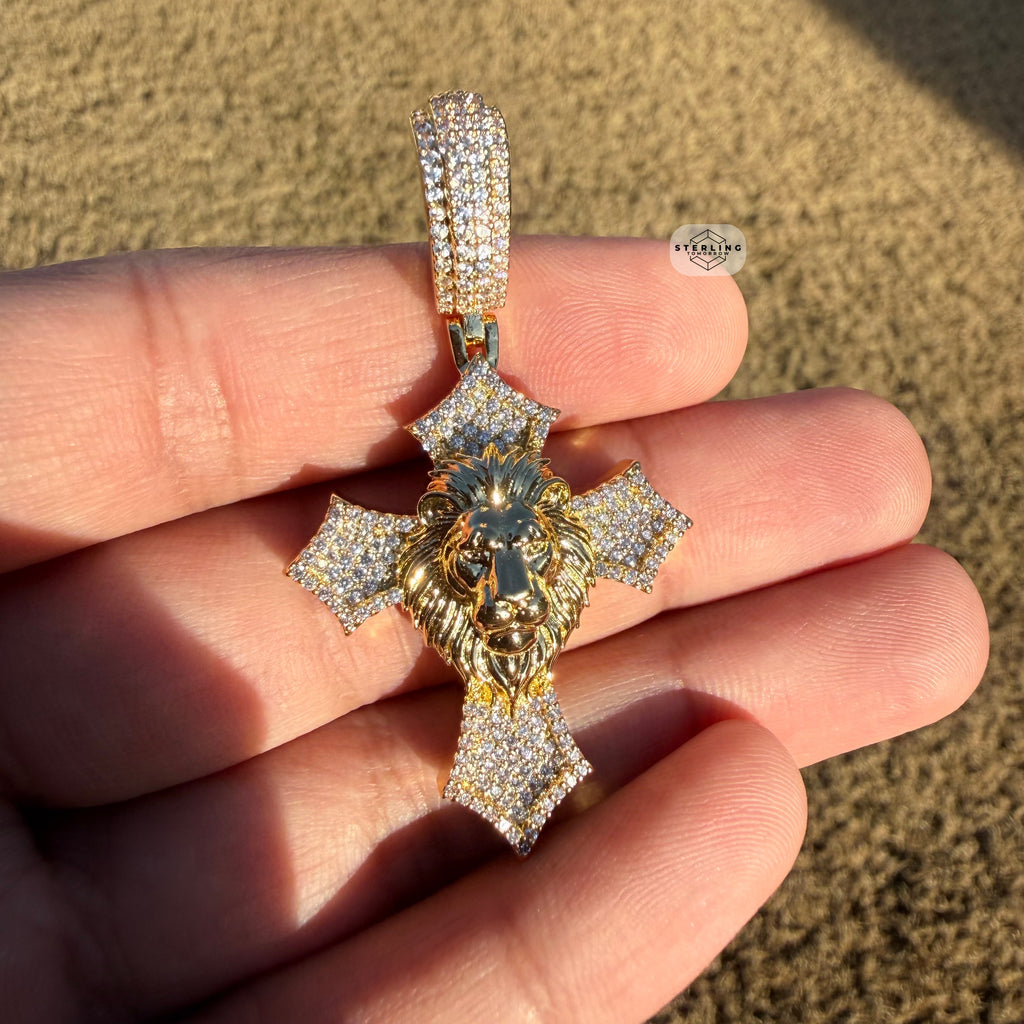 Lion Cross Iced Out Pendant 14k Gold Plated