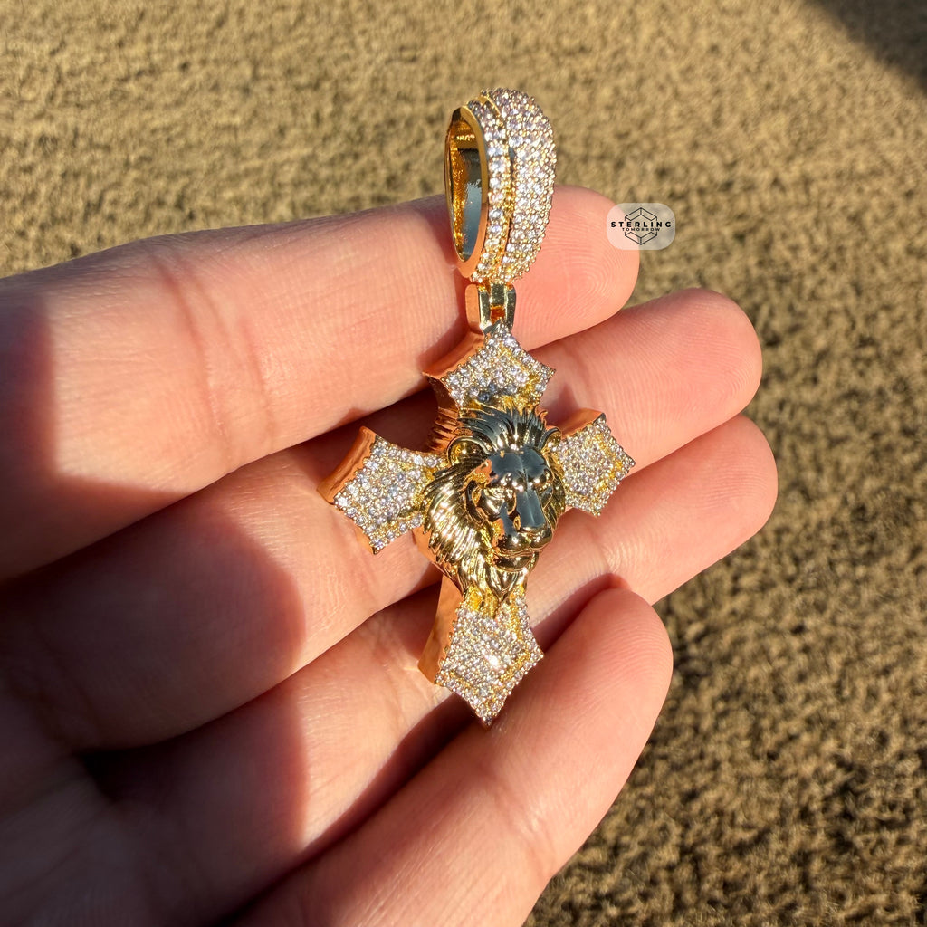 Lion Cross Iced Out Pendant 14k Gold Plated
