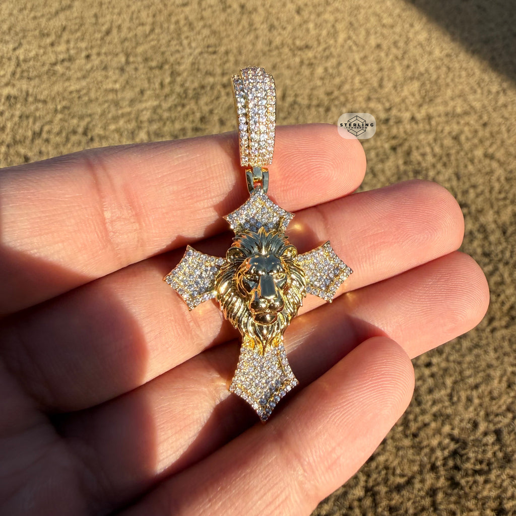 Lion Cross Iced Out Pendant 14k Gold Plated