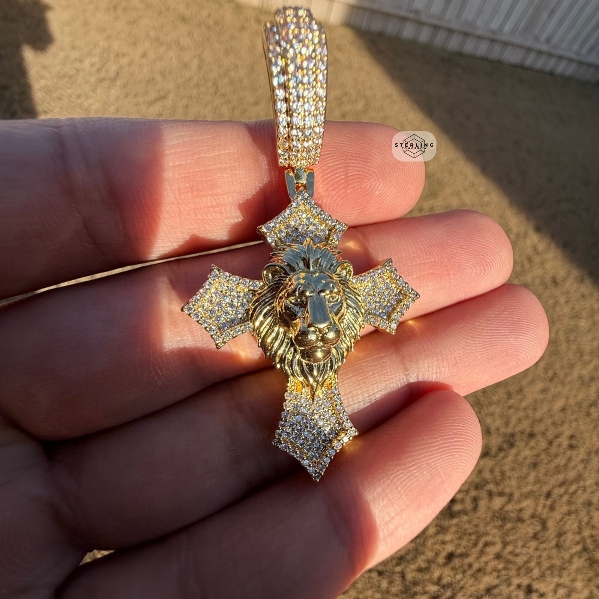 Lion Cross Iced Out Pendant 14k Gold Plated