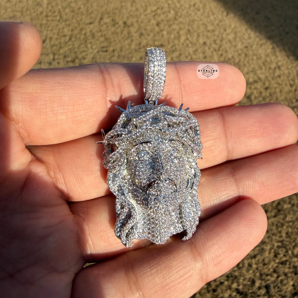 Iced Out Jesus Pendant Crown of Thorns Necklace 14k Gold Plated Religious Mens Christian Bling Chain + Free Steel AntiTarnish Rope Chain