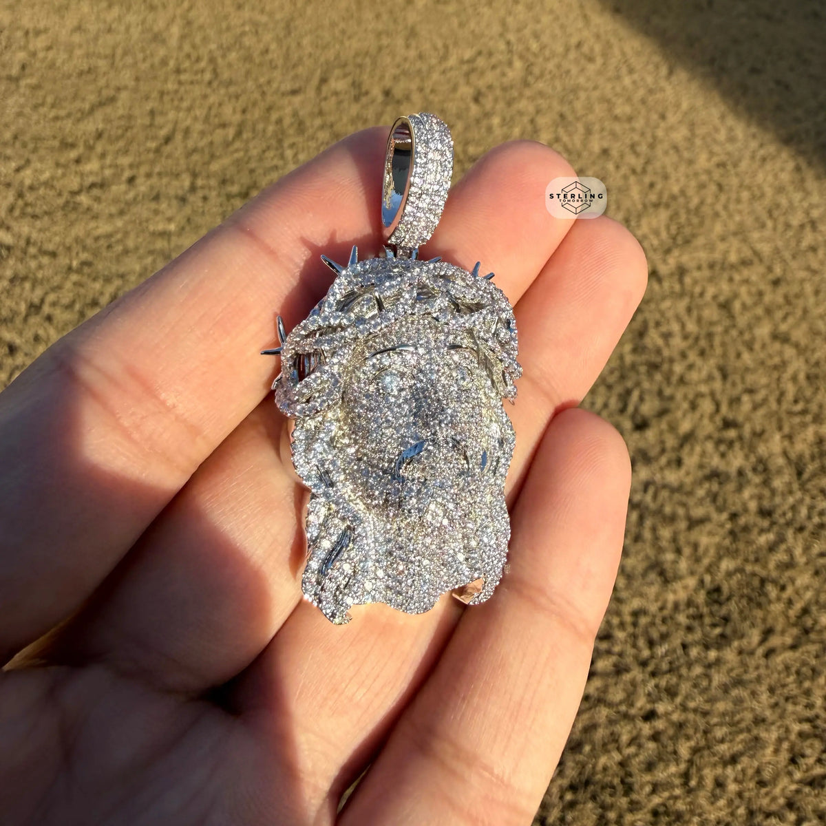 Iced Out Jesus Pendant Crown of Thorns Necklace 14k Gold Plated Religious Mens Christian Bling Chain + Free Steel AntiTarnish Rope Chain
