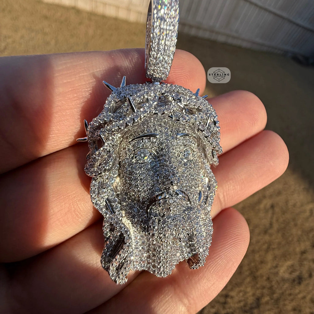 Iced Out Jesus Pendant Crown of Thorns Necklace 14k Gold Plated Religious Mens Christian Bling Chain + Free Steel AntiTarnish Rope Chain