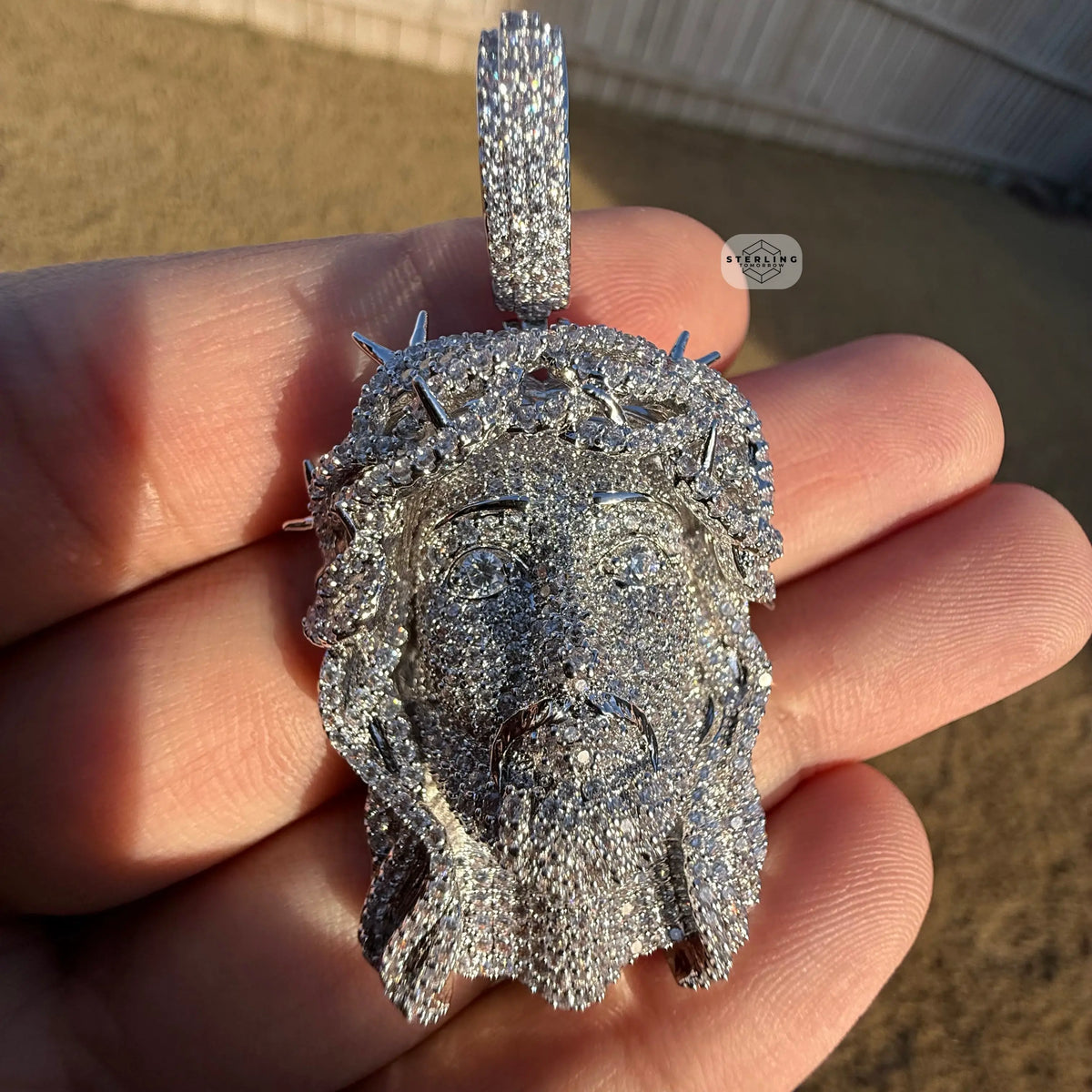 Iced Out Jesus Pendant Crown of Thorns Necklace 14k Gold Plated Religious Mens Christian Bling Chain + Free Steel AntiTarnish Rope Chain