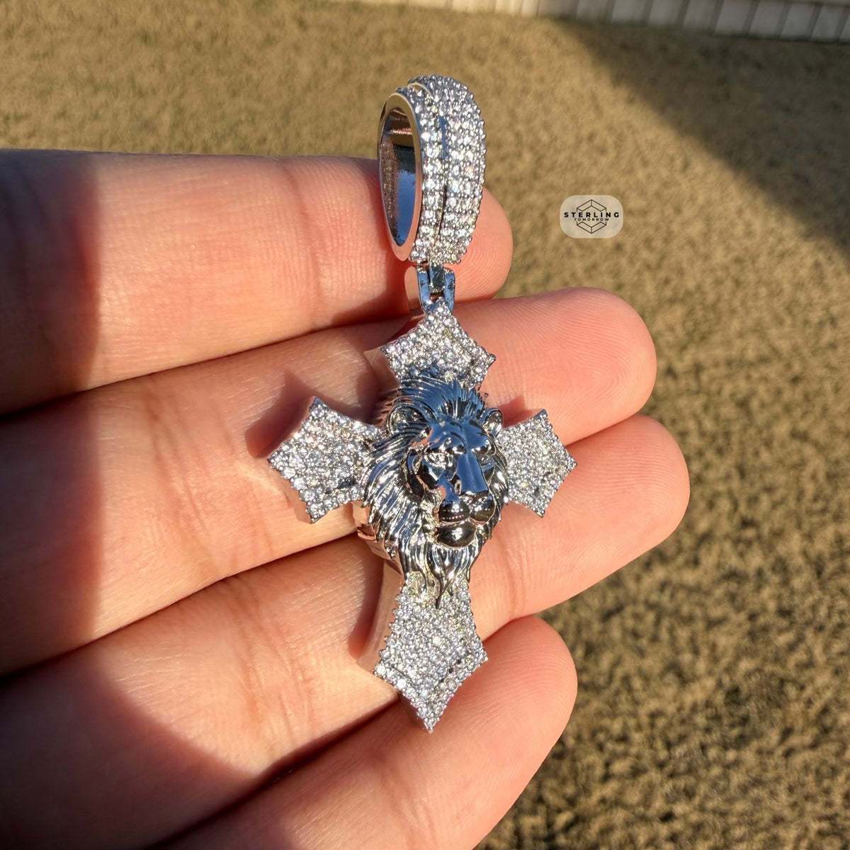 Lion Cross Iced Out Pendant 14k White Gold Plated