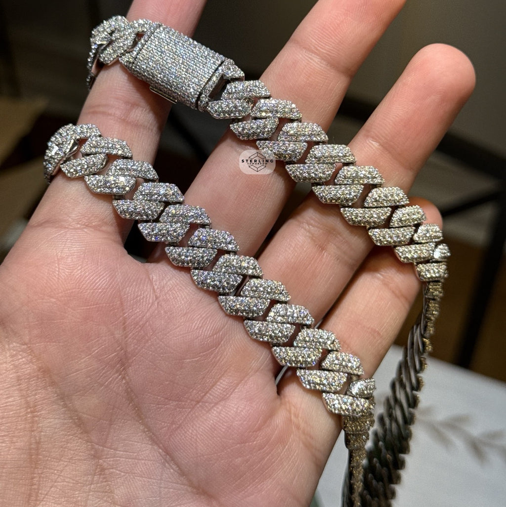 3D Set Moissanite Cuban Chain 14mm 22" - 925 Sterling Silver