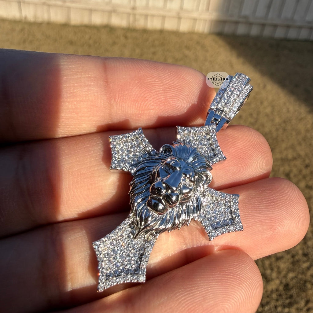 Lion Cross Iced Out Pendant 14k White Gold Plated