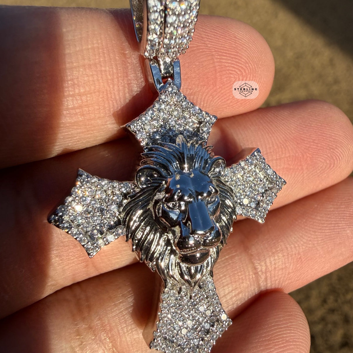 Lion Cross Iced Out Pendant 14k White Gold Plated