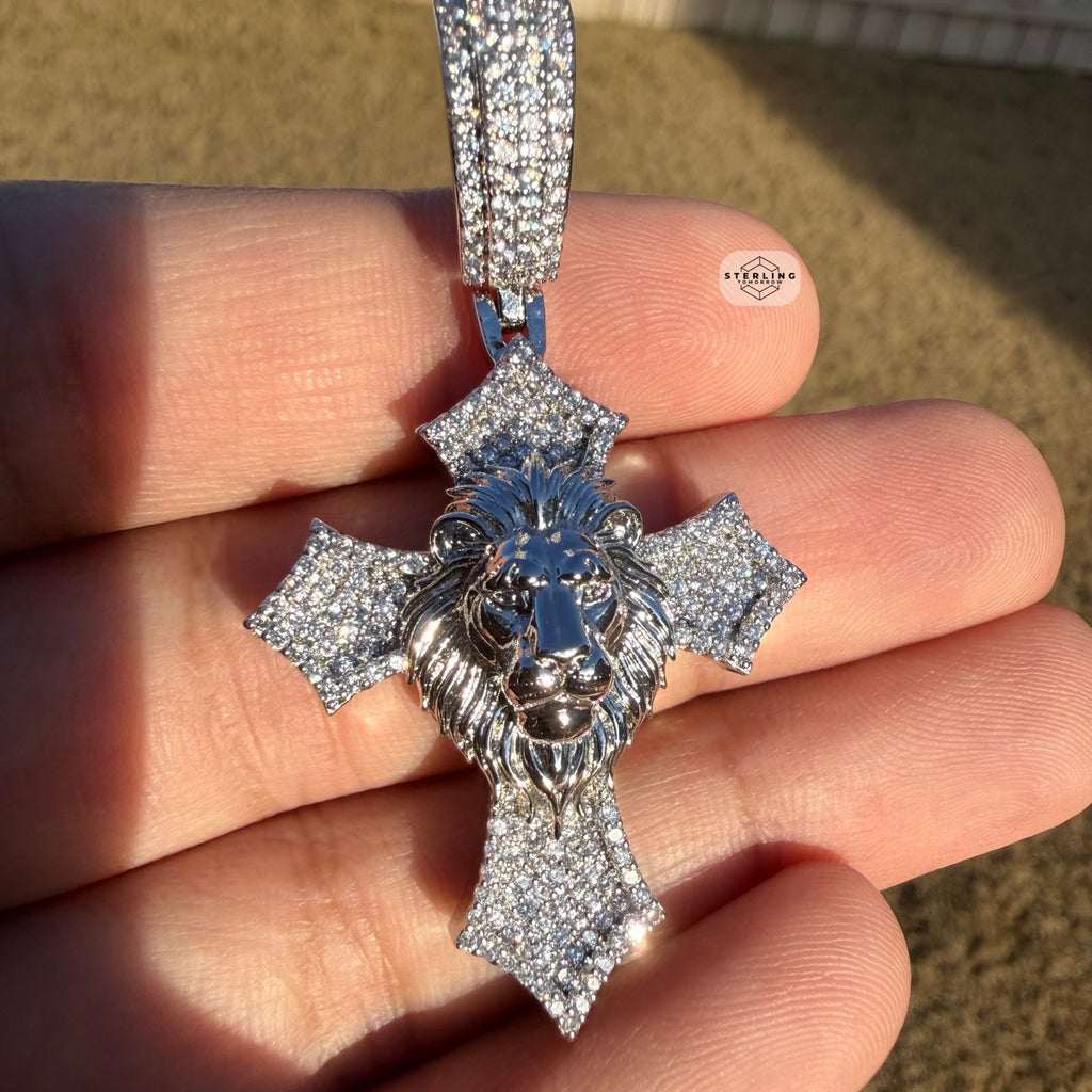 Lion Cross Iced Out Pendant 14k White Gold Plated