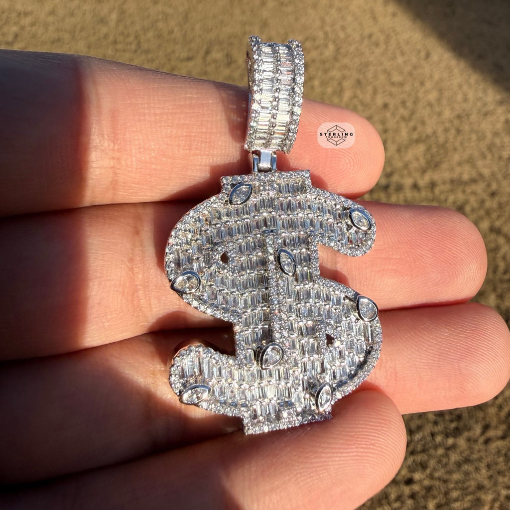 14K White Gold Plated Money Sign Iced Pendant