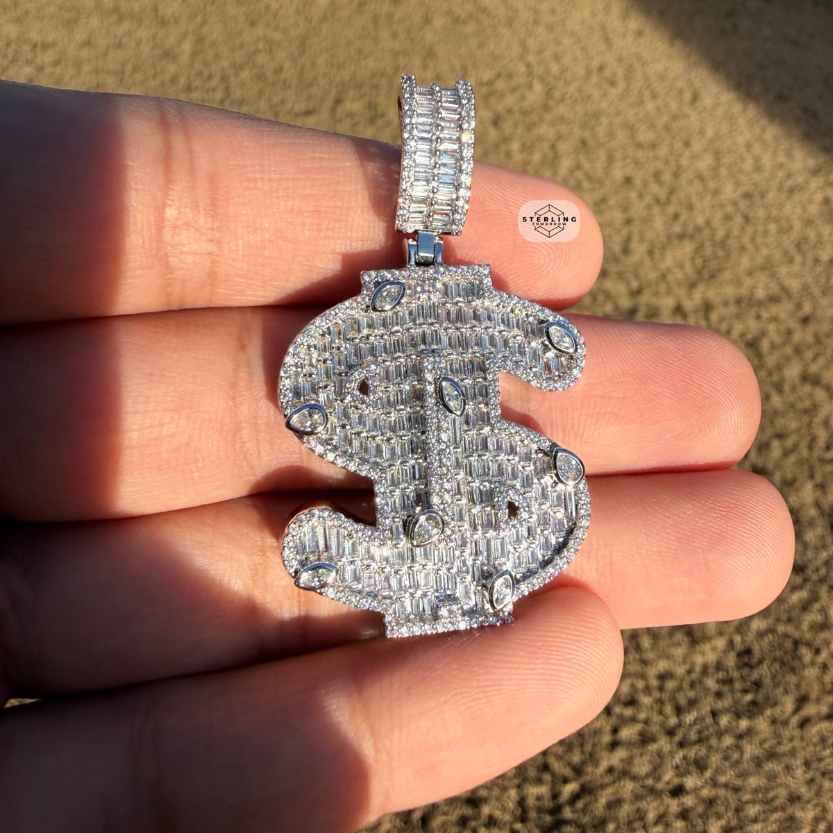 14K White Gold Plated Money Sign Iced Pendant
