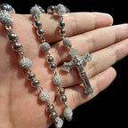 Moissanite Rosary Necklace, Iced Out Snowball Bead Jesus Crucifix, 925 Sterling Silver, 22 Inch