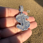 14K White Gold Plated Money Sign Iced Pendant