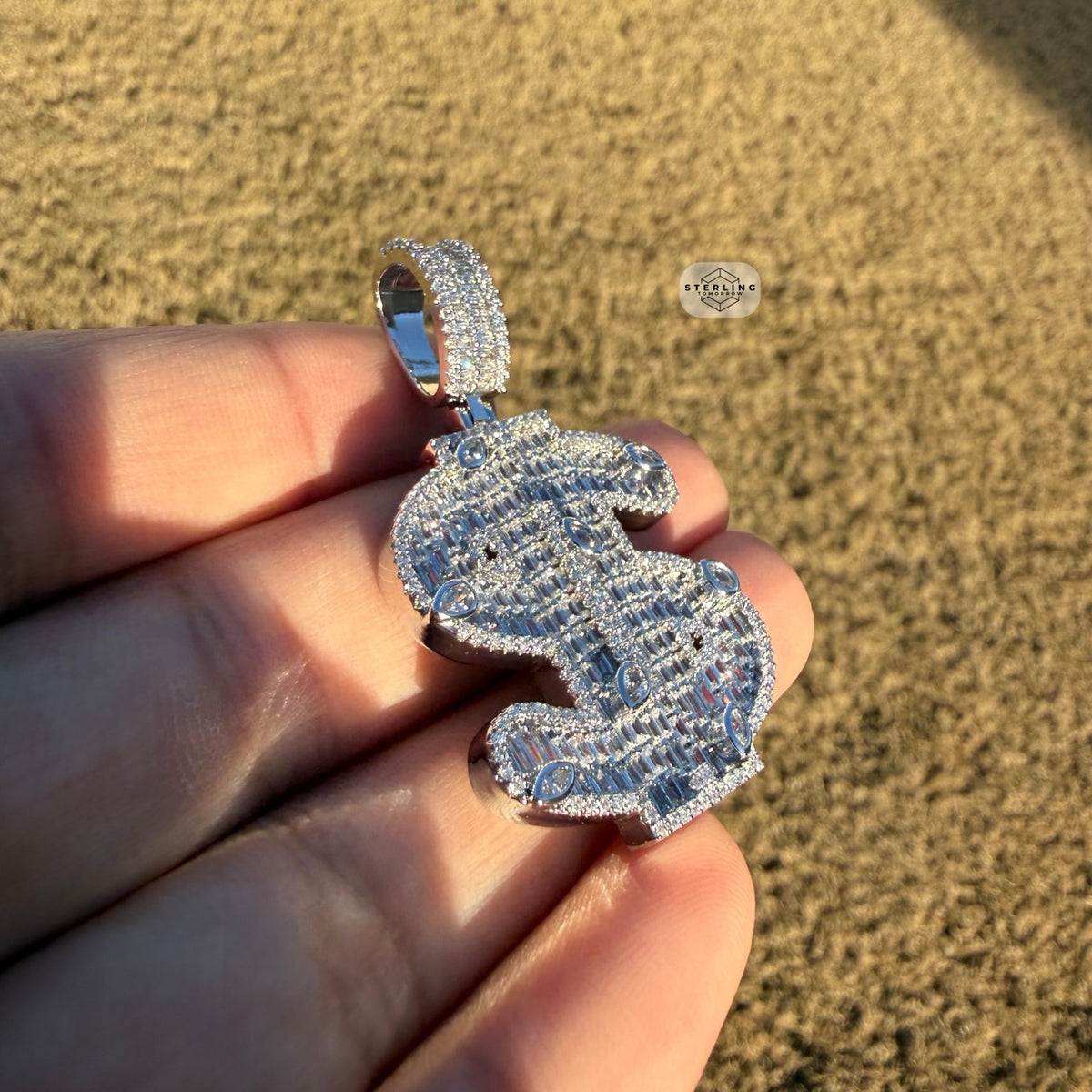 14K White Gold Plated Money Sign Iced Pendant