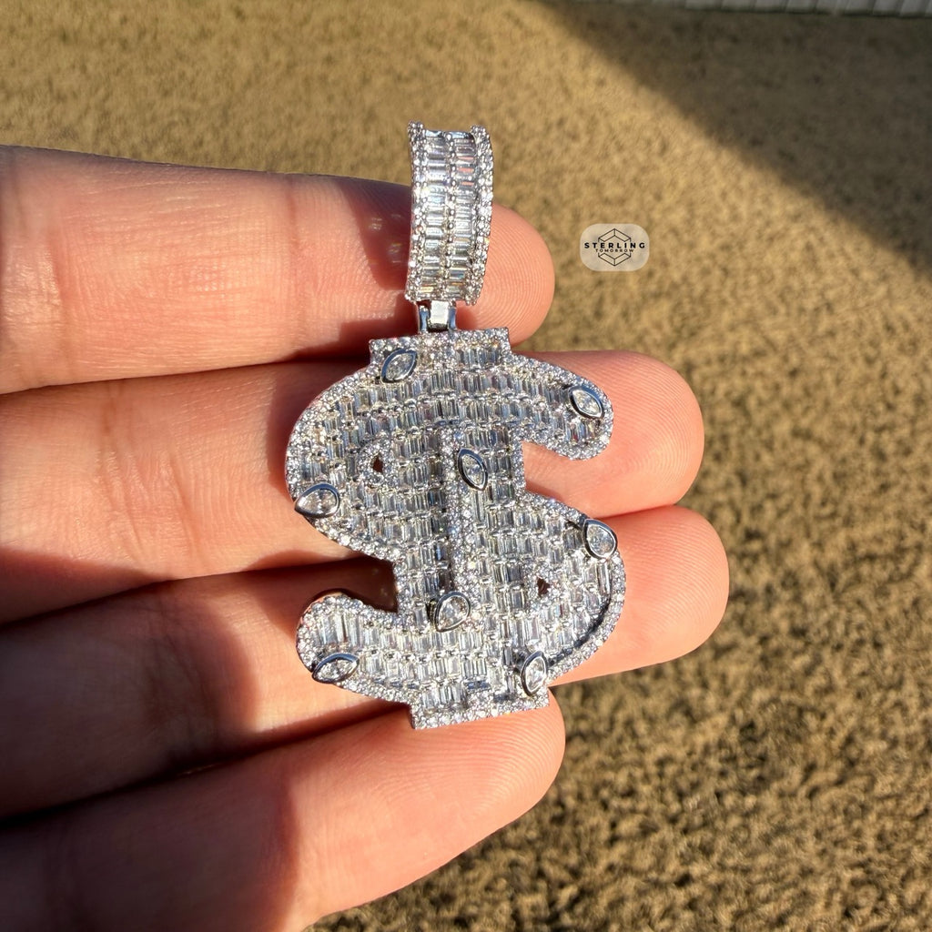 14K White Gold Plated Money Sign Iced Pendant