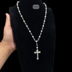Moissanite Rosary Necklace, Iced Out Snowball Bead Jesus Crucifix, 925 Sterling Silver, 22 Inch