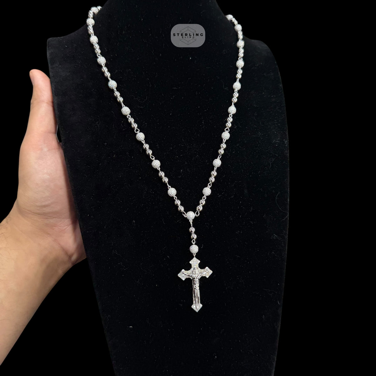Moissanite Rosary Necklace, Iced Out Snowball Bead Jesus Crucifix, 925 Sterling Silver, 22 Inch