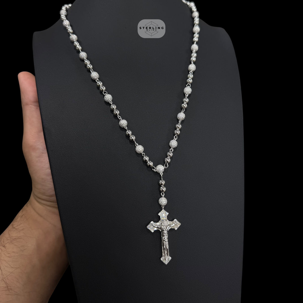 Moissanite Rosary Necklace, Iced Out Snowball Bead Jesus Crucifix, 925 Sterling Silver, 22 Inch