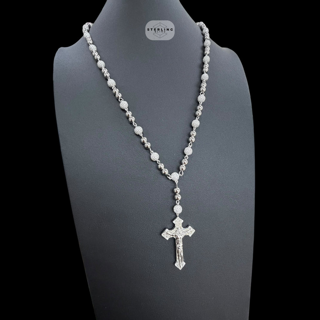 Moissanite Rosary Necklace, Iced Out Snowball Bead Jesus Crucifix, 925 Sterling Silver, 22 Inch