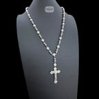 Moissanite Rosary Necklace, Iced Out Snowball Bead Jesus Crucifix, 925 Sterling Silver, 22 Inch