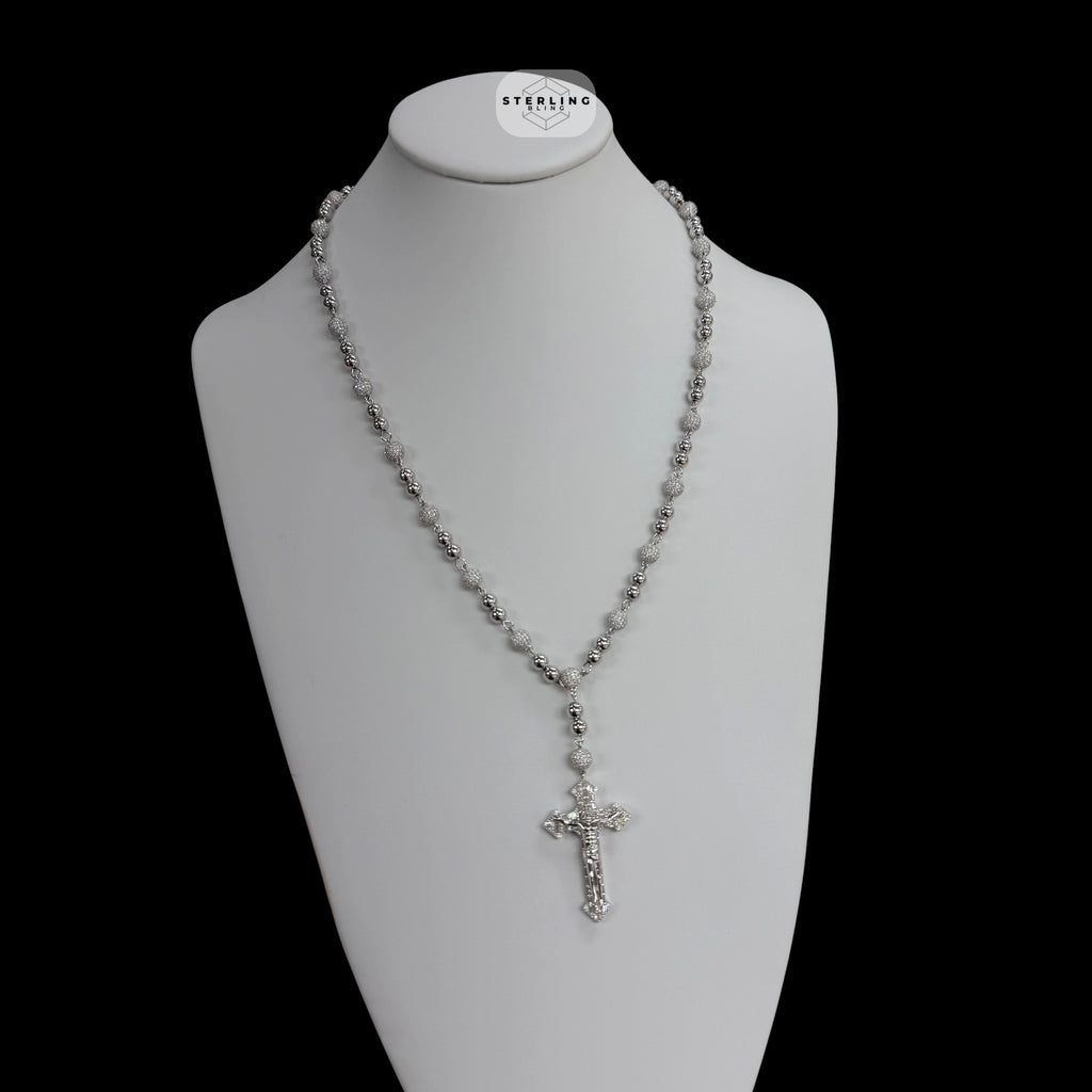 Moissanite Rosary Necklace, Iced Out Snowball Bead Jesus Crucifix, 925 Sterling Silver, 22 Inch