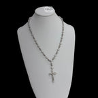 Moissanite Rosary Necklace, Iced Out Snowball Bead Jesus Crucifix, 925 Sterling Silver, 22 Inch