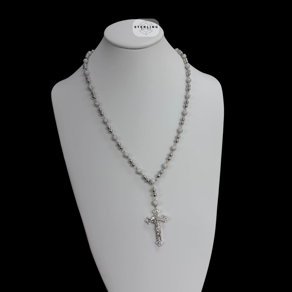 Moissanite Rosary Necklace, Iced Out Snowball Bead Jesus Crucifix, 925 Sterling Silver, 22 Inch