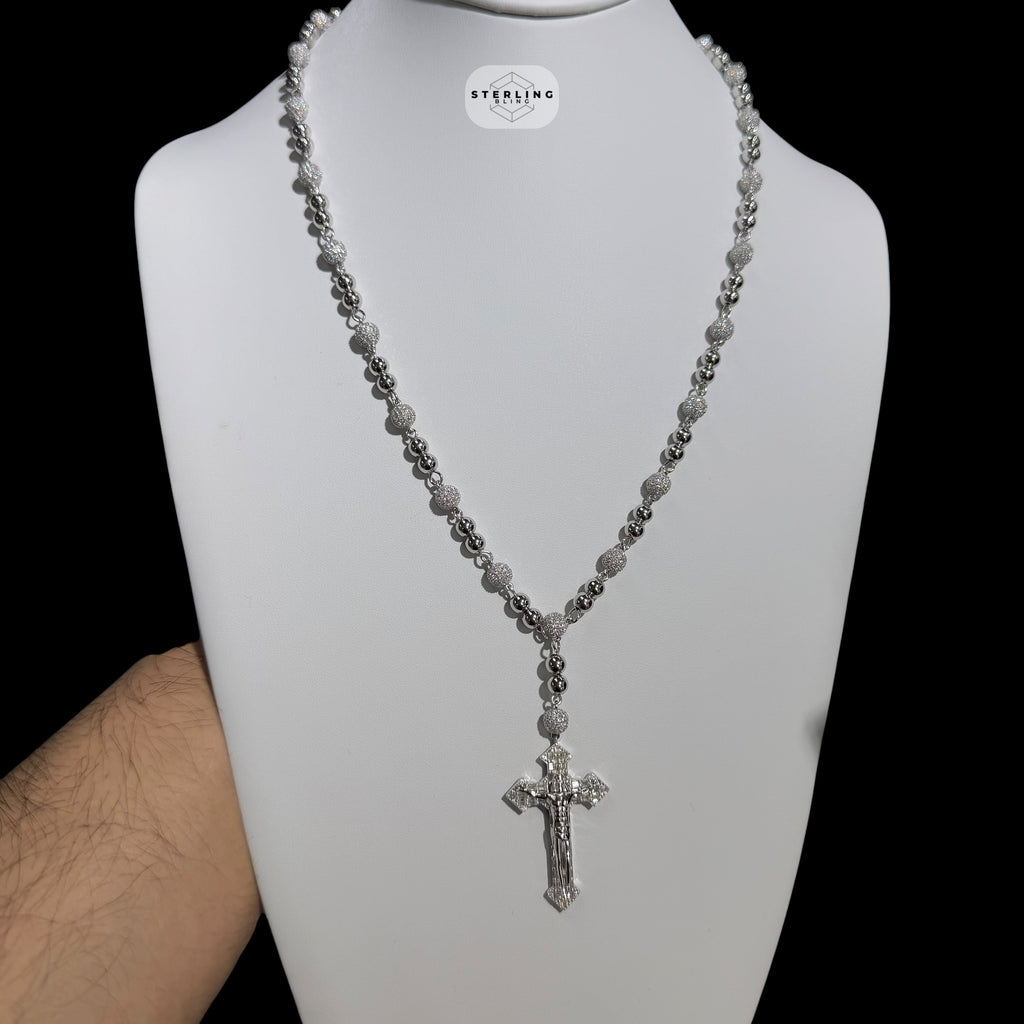 Moissanite Rosary Necklace, Iced Out Snowball Bead Jesus Crucifix, 925 Sterling Silver, 22 Inch