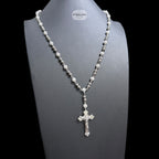 Moissanite Rosary Necklace, Iced Out Snowball Bead Jesus Crucifix, 925 Sterling Silver, 22 Inch