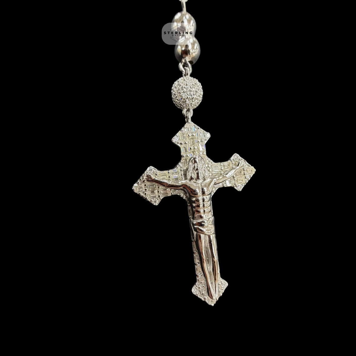 Moissanite Rosary Necklace, Iced Out Snowball Bead Jesus Crucifix, 925 Sterling Silver, 22 Inch
