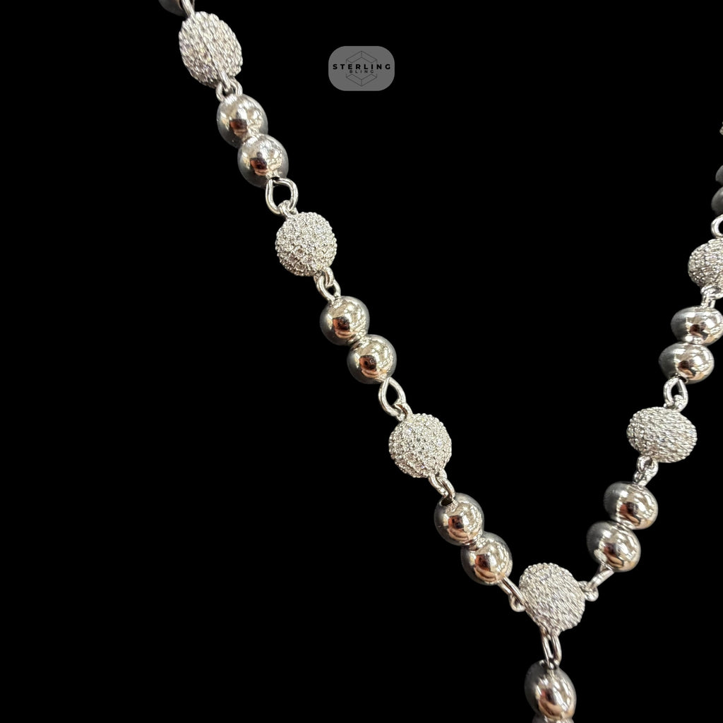 Moissanite Rosary Necklace, Iced Out Snowball Bead Jesus Crucifix, 925 Sterling Silver, 22 Inch