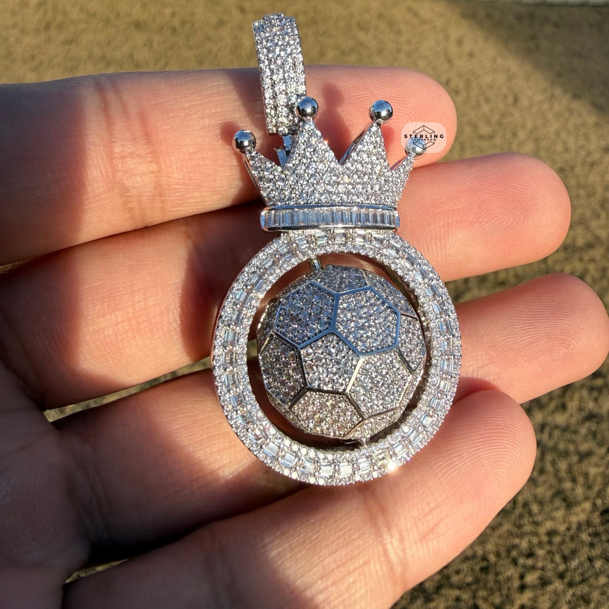 Spinning Soccer King Pendant Iced 14k White Gold Plated