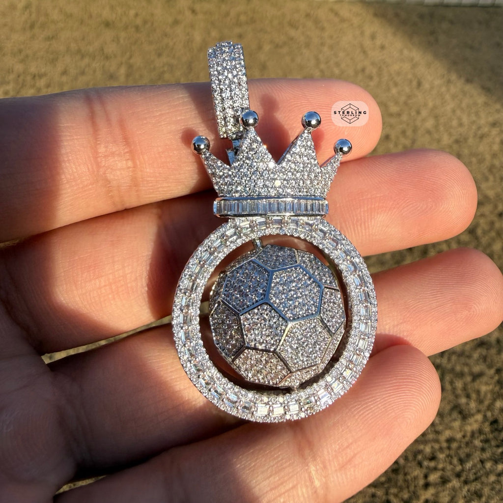 Spinning Soccer King Pendant Iced 14k White Gold Plated