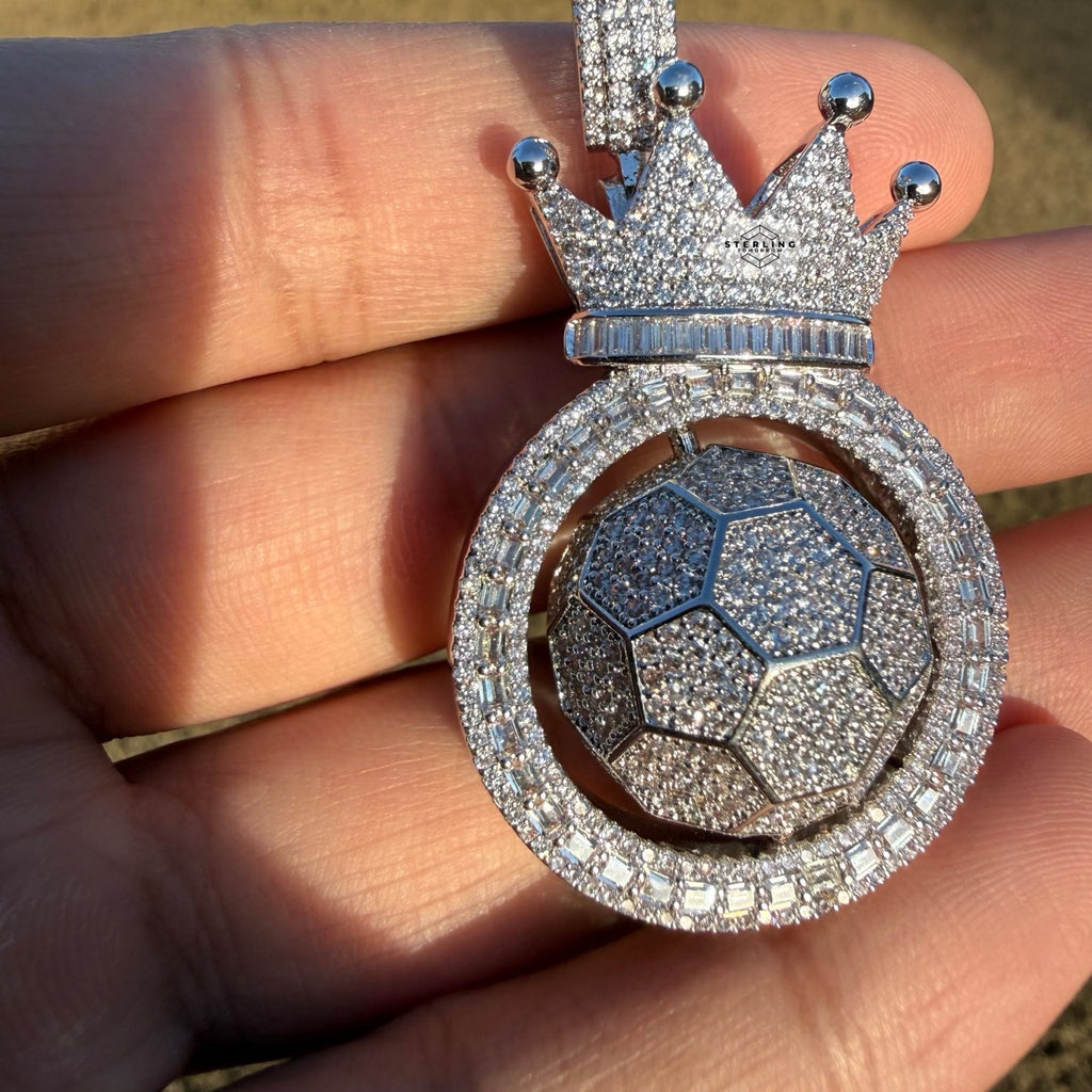 Spinning Soccer King Pendant Iced 14k White Gold Plated