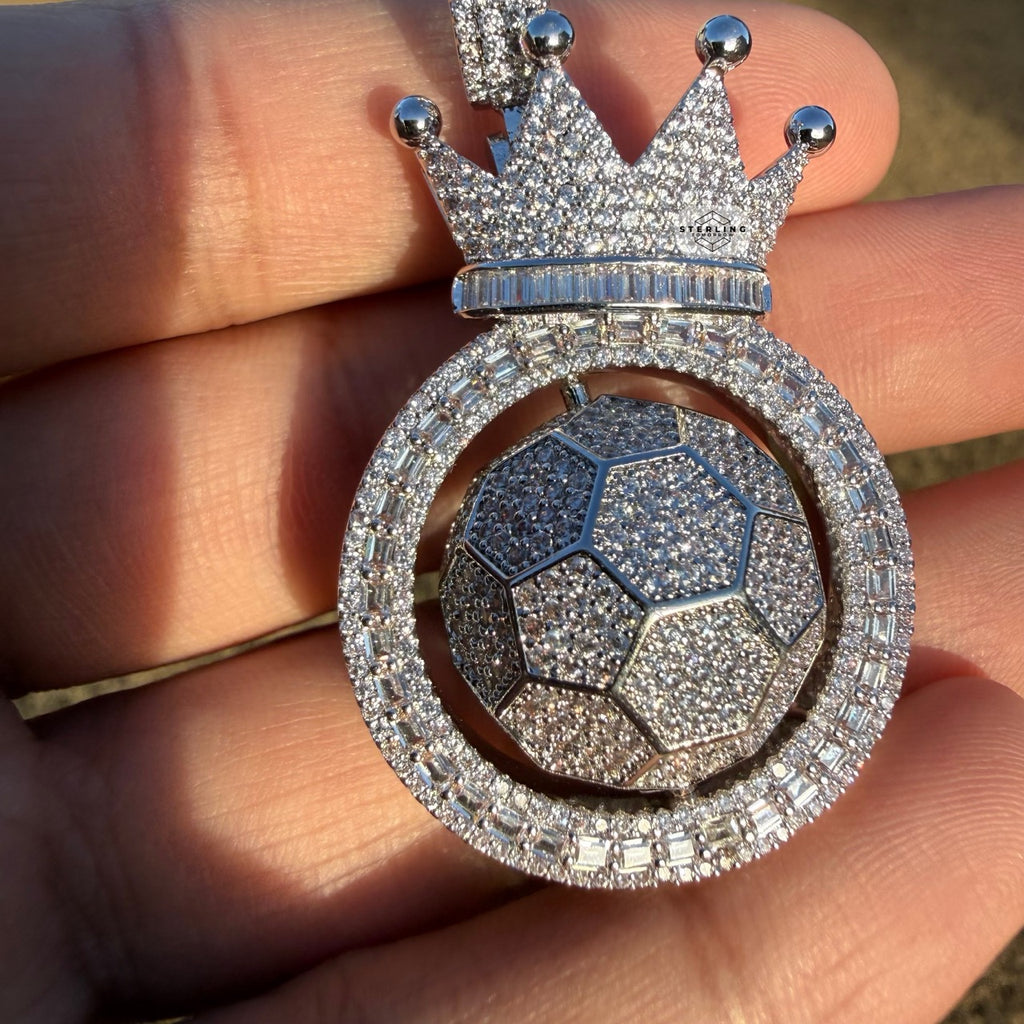Spinning Soccer King Pendant Iced 14k White Gold Plated