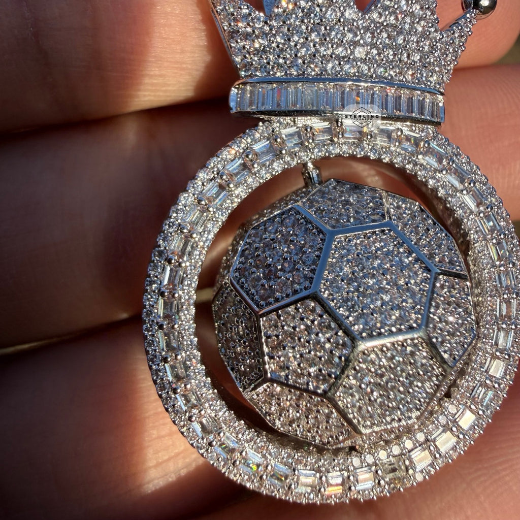 Spinning Soccer King Pendant Iced 14k White Gold Plated
