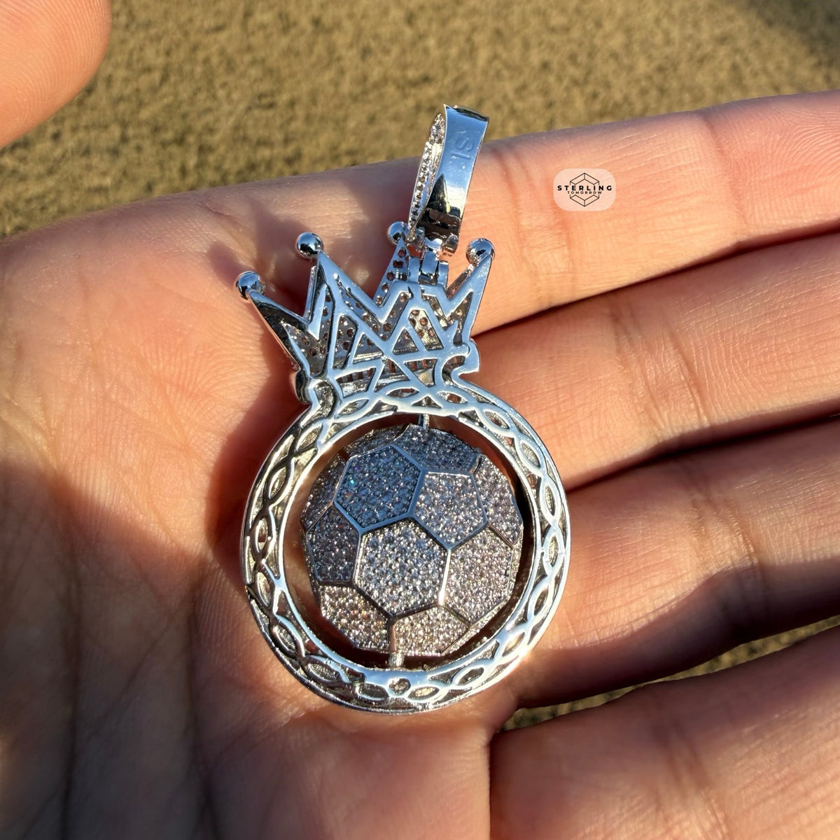 Spinning Soccer King Pendant Iced 14k White Gold Plated