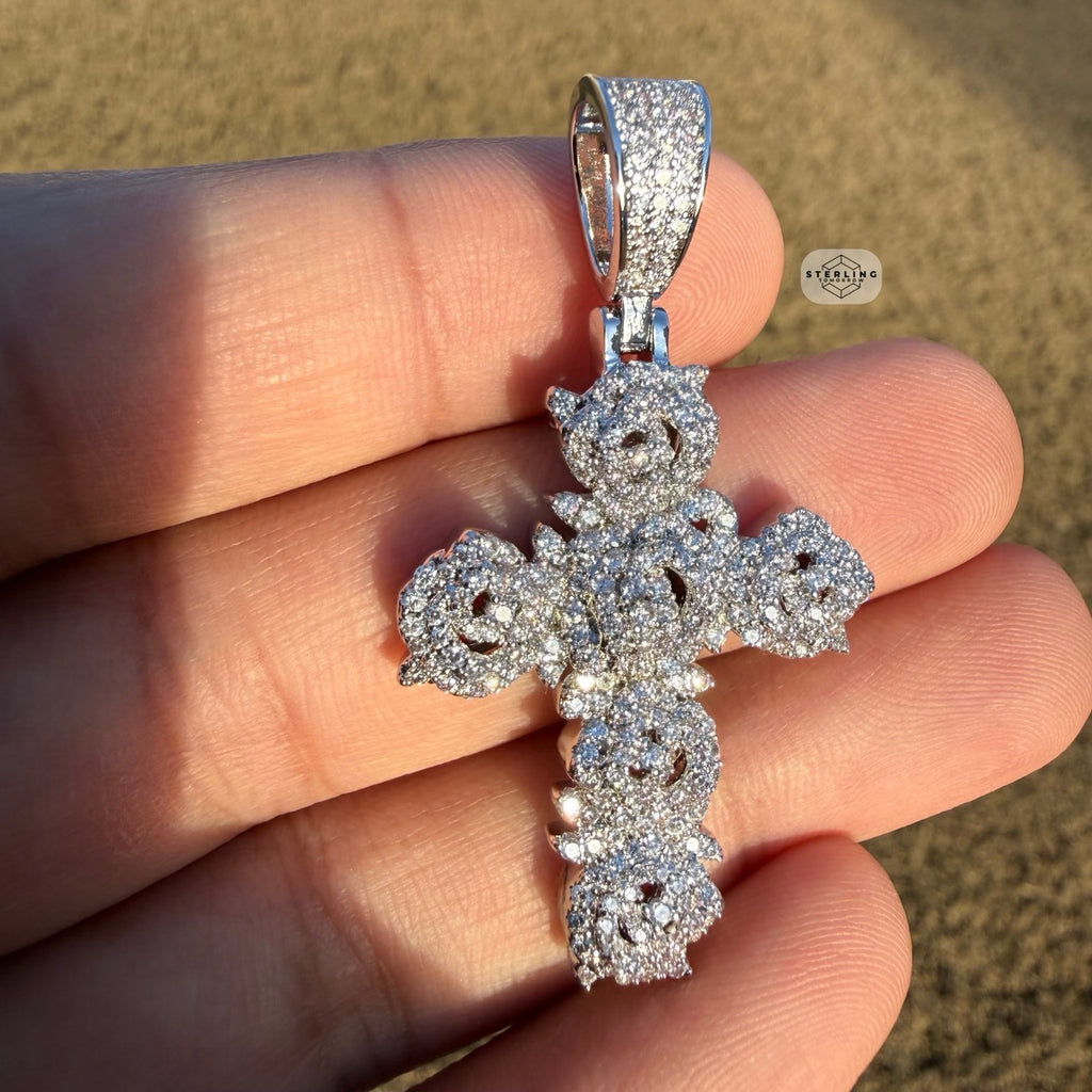 Cluster Cross Iced Pendant 14k White Gold Plated