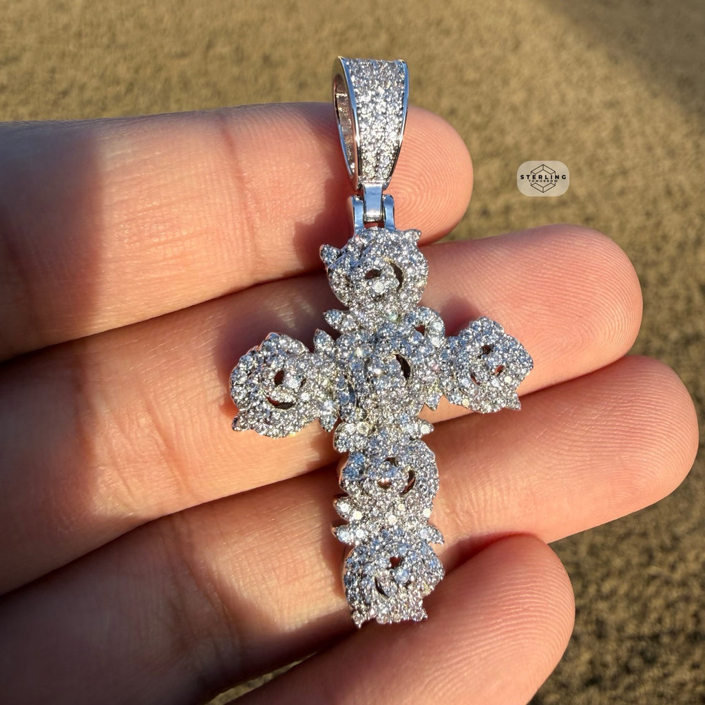 Cluster Cross Iced Pendant 14k White Gold Plated