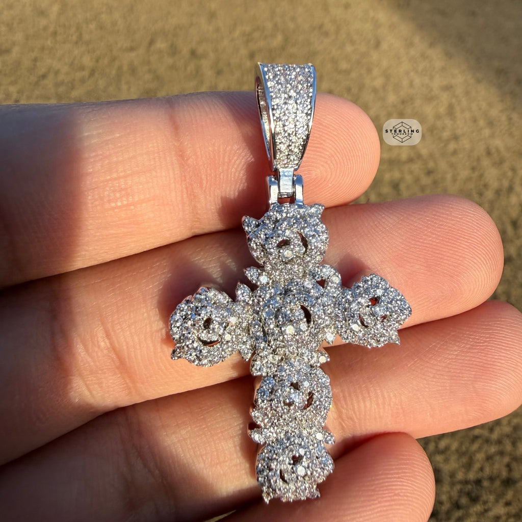 Cluster Cross Iced Pendant 14k White Gold Plated