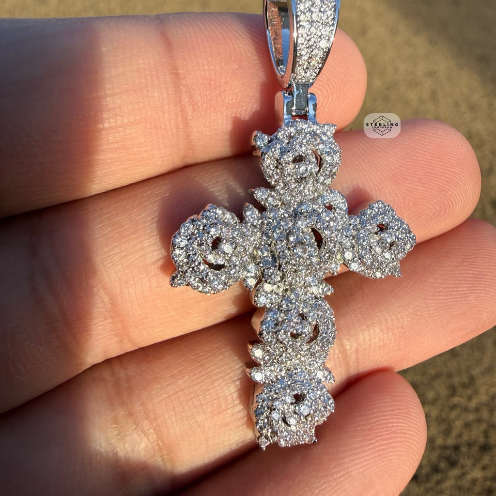 Cluster Cross Iced Pendant 14k White Gold Plated