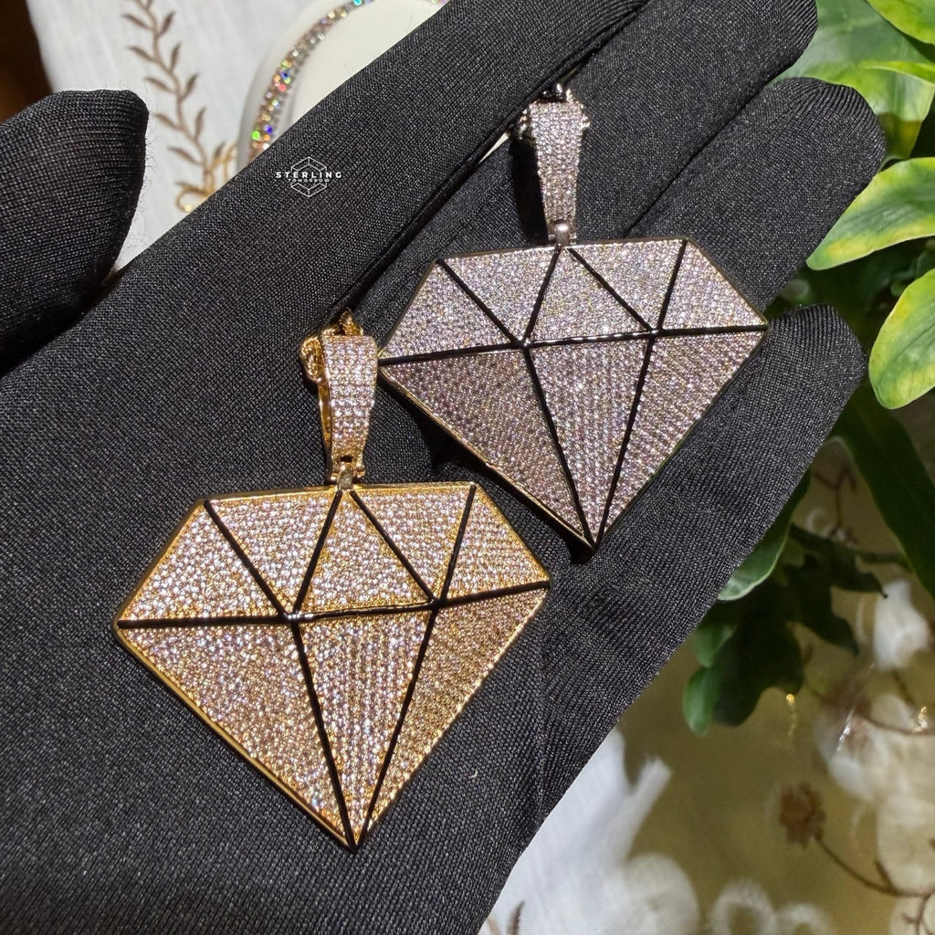 Iced Diamond Shape Pendant CZ Hip Hop Chain Gold or Silver Geometric Bling Necklace Statement Jewelry + Steel Rope Chain