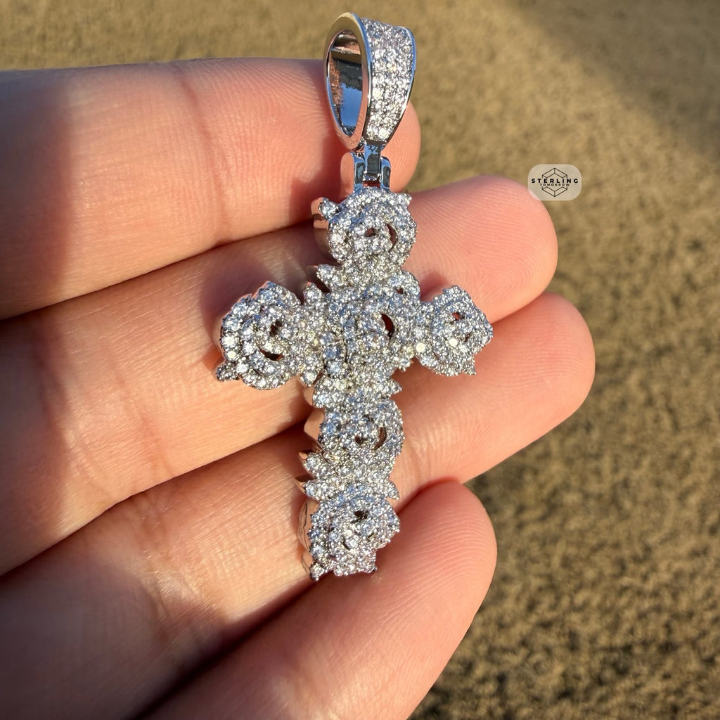 Cluster Cross Iced Pendant 14k White Gold Plated