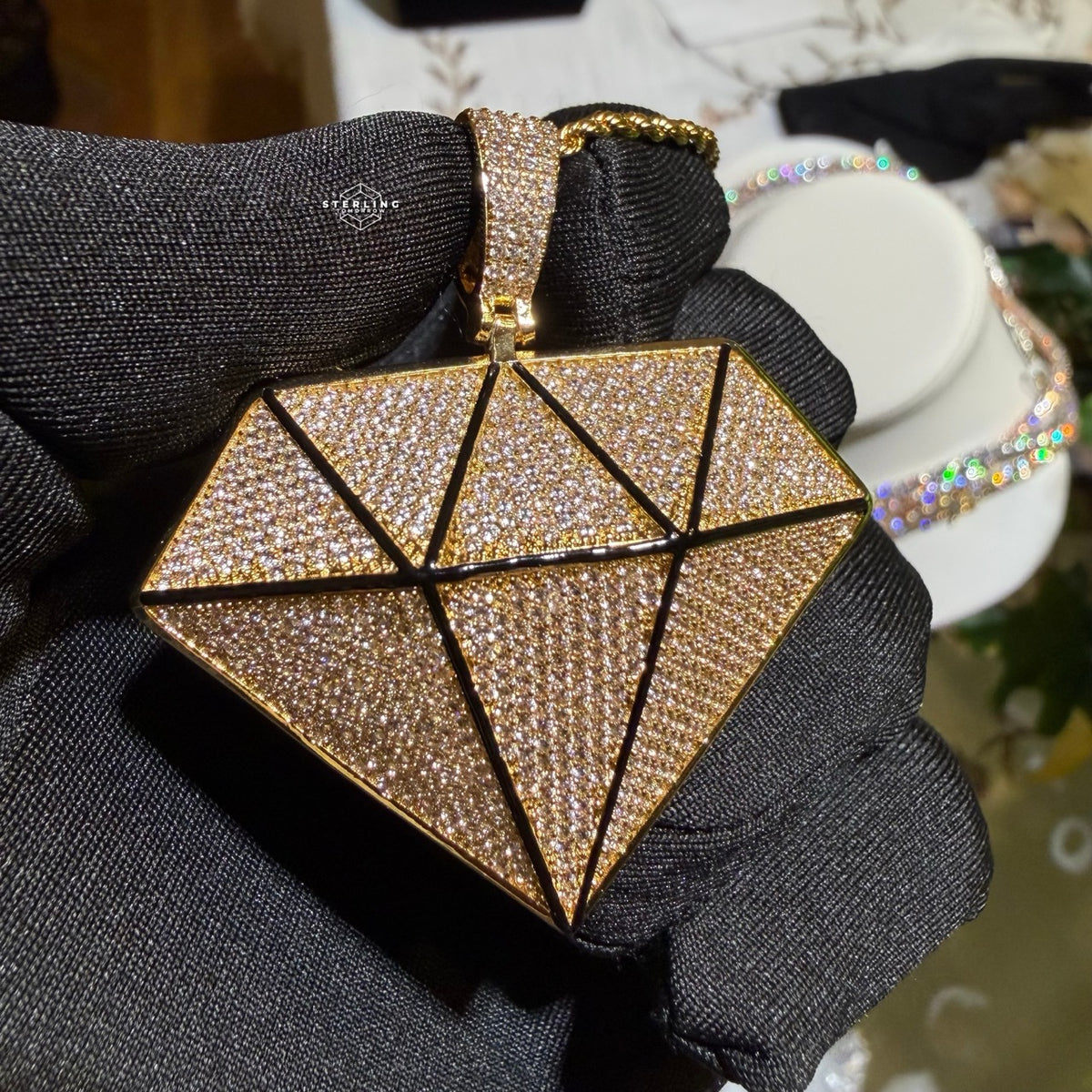 Iced Diamond Shape Pendant CZ Hip Hop Chain Gold or Silver Geometric Bling Necklace Statement Jewelry + Steel Rope Chain